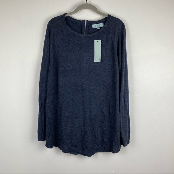 NWT Joan Vass Washed Denim Heather Zip Back Pullover Sweater, Size Large - Picture 1 of 11